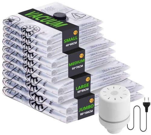 Sacchetti Sottovuoto Vestiti con Pompa Elettrica, 10 Pezzi Buste Sottovuoto Vestiti (2 Jumbo, 2 Grandi, 3 Medi, 3 Piccoli), Sacchi Sottovuoto Piumoni per Coperte, Piumini, Cuscini, Maglioni