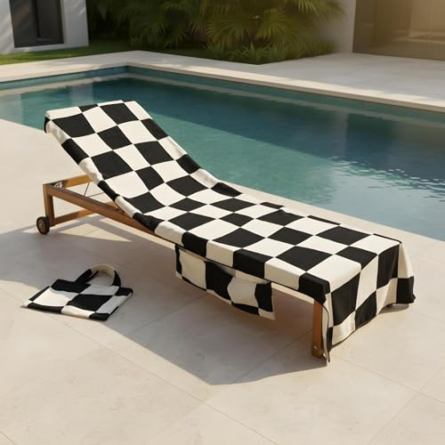 OHS Sun Lounger Towels with Pockets, Soft Quick-Dry Towel Absorbent Beach Towel in a Bag Lightweight Large Beach Towels for Adults Summer Holiday Essentials, 75 x 215cm - Monochrome Checkerboard