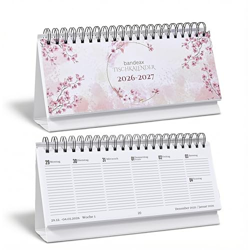 Tischkalender Jan 2026 – Dez 2027 (29x11cm) groß quer, Wochenkalender zum Aufstellen, Schreibtisch-Kalender Wochen-Planer Stehkalender (Kirschblüten 2026-2027, Panorama Querformat (29x11cm))