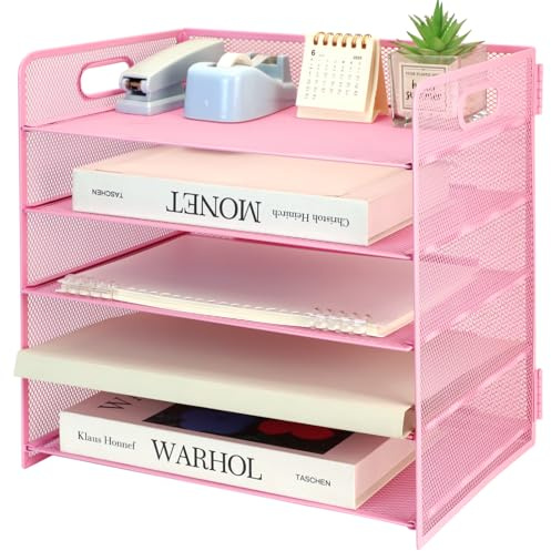 5 Tier Desk Organiser with Handle, Pull-out Mesh File Organizer for Desk Letter Tray Organizer Mesh Desk Organiser Tray Paper Storage Rack for A4 File Office Supplie, Pink
