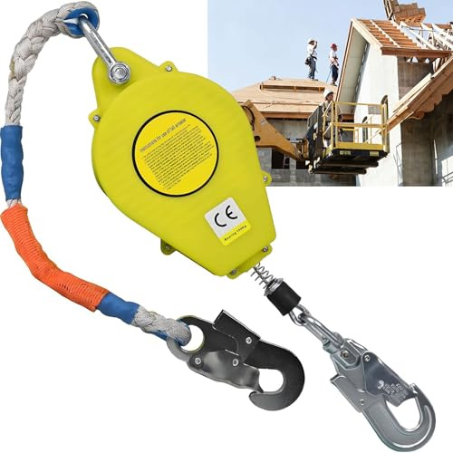 Dispositivo Anticaduta Retrattile Certificato, 10mt/15mt/20mt Imbracatura di Sicurezza Anticaduta Tetto, 150kg Dispositivo Retrattile di Sicurezza Anticaduta Tetto/Lavoro Aereo (Giallo, 15m)