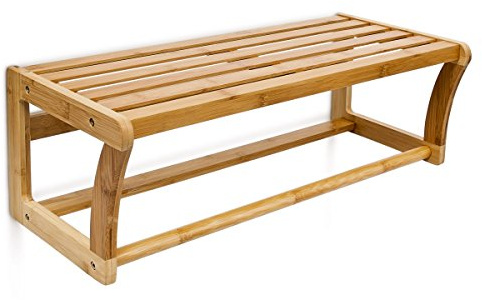 Relaxdays Wandregal mit Handtuchstange aus Bambus HBT 20 x 60 x 26 cm Badregal zur Wandmontage als Handtuchhalter mit Ablage Wandhandtuchhalter aus Holz als Hängeregal für das Bad, natur