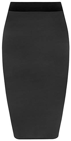 Womens Pencil Stretch Tube Wiggle Ladies Contrast Elasticated Waistband Fit Bodycon Plain Office Midi Skirt Black Size 12 - 14 (M/L)