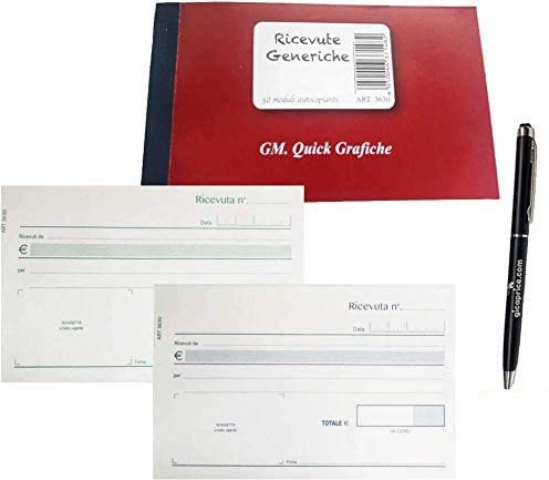 2 BLOCCHETTI RICEVUTE GENERICHE + PENNA TOUCH OMAGGIO - 50 FOGLI 2 COPIE - AUTOCOPIANTI 10X17 CM - QUICK GRAFICHE