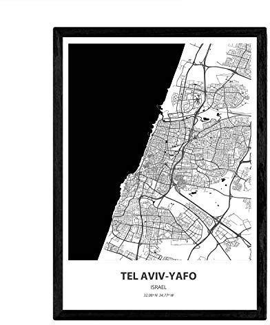 Nacnic Poster Mappa di TEL Aviv Yafo - Israele. Fogli Città del Medio Oriente con i Mari e fiumi, in Colore Nero. Formato A3