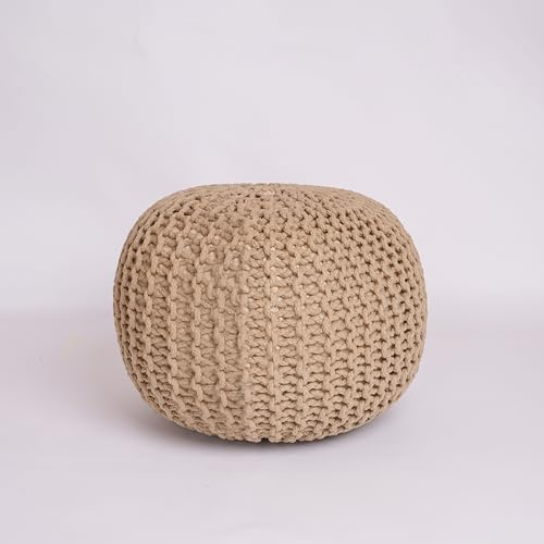 EXQUIZIT HOME® Knitted Round Pouffe Foot Stool Ottoman – Large 100% Cotton Chunky Hand-Knit Pouf with Polystyrene Beads Filling – Soft & Comfortable Footrest and Occasional Seating, 50cm (Tan)
