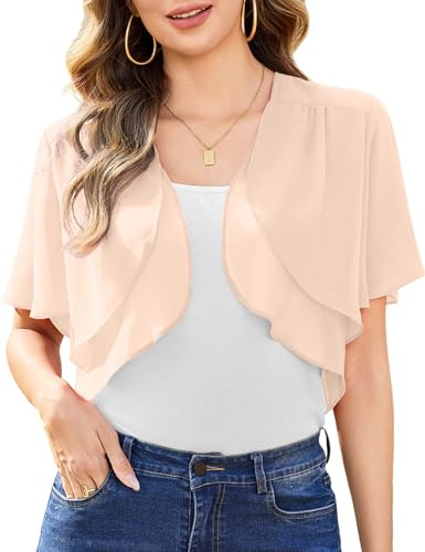 Aottori Bolero Mujer Manga Corta Gasa Cardigan Verano Elegante Chaqueta Cárdigans Torera Ligero Puro Sólido Casual Chiffon Shrug Top para Fiesta Vestido Albaricoque L