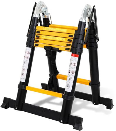 Cecaylie Escalera telescópica de aluminio, 3,8 m (1,9 + 1,9 m), antideslizante, multiusos, portátil, soporta hasta 150 kg (negro)