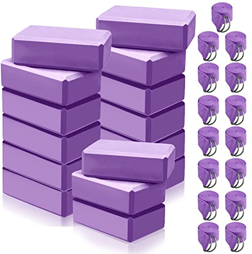 Wettarn 30 Pack Yoga Block and Strap Set 15 Pcs Non-Slip Yoga Blocks with 15 Pcs Metal D Ring Stretching Exercise Workout Fitness Accessory for Gym(Purple)