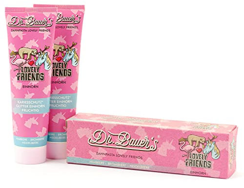 Dr. Bauer's Lovely Friends Lot de 2 dentifrices avec motifs pailletés Plusieurs saveurs Pour enfants et adultes Emballage durable 90 ml par tube Licorne