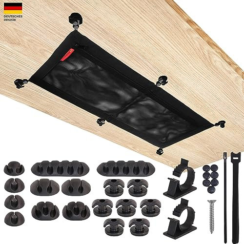 Kabelnetz Schreibtisch für Kabelmanagement & Ordnung - Flexibler Kabelkanal Schreibtisch zum Kabel verstecken mit doppellagigem Netz und integrierter Tasche zum verstauen (Schwarz - 63 x 24 cm)