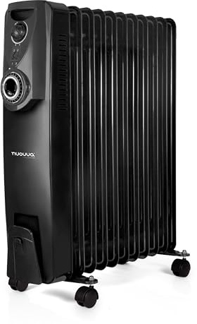 nuovva Oil Filled Radiator Free Standing – Heaters for Home Low Energy – Electric Heater with Thermostat Black – Portable 2500W Radiator with Timer