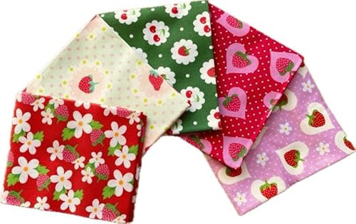 Hantverk tyg frukttema mönster tyg bunt jordgubbe tryckt feta fjärdedelar paket med 5 tyger (45 cm x 55 cm). 100 % bomull. Perfekt för hantverk, lapptäcke och klädtillverkning