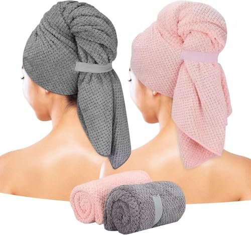 Eyeleaf Microfiber Hair Drying Towels, 100 x 60cm, 2 Pack, Pink/Grey, Quick Dry, Super Absorbent, for Long, Thick, Curly Hair