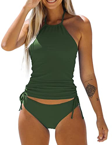 Two Piece Tankini Swimsuit for Women High Neck Tankini Top with Bikini Bottom Tummy Control Bathing Suits Beachwear (Green, S)