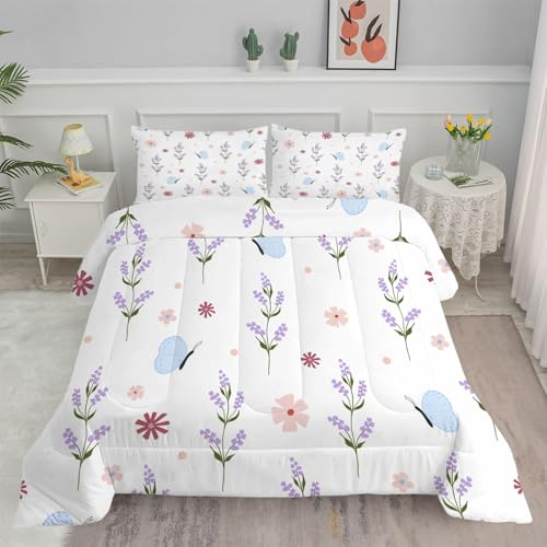Bettdecke 135x200 4 Jahreszeiten, Weißes Blumen Vierjahreszeiten Steppdecke 135x200, Warme Ganzjahresdecke Mädchen Schmetterling Bettdecke ohne Bezug Waschbar Schlafdecke mit 2 Kissenbezug 80x80cm