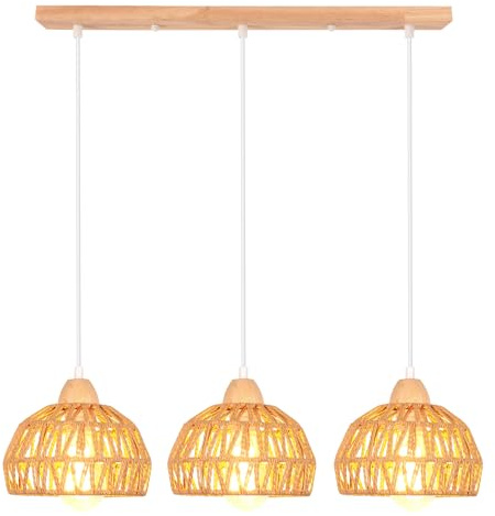 iDEGU 3 Luces Lámpara Colgante Vintage Luz de Araña Pantalla de Ratán y Madera Retro E27 Iluminación Colgante Estilo Bohemio Lámpara de Techo para Comedor Cocina Salón Dormitorio (Marrón, Barre)