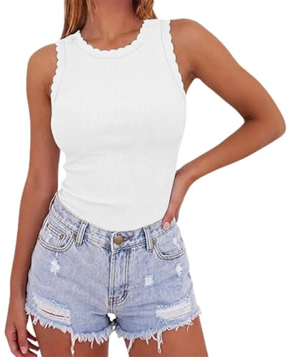 Sporttopp damer fitness sexig, linne damer bomull ribbad, sommartopp lätt och luftig yoga topp ärmlös sportskjorta rund hals t-shirt enfärgad sommarskjortor stretch linne