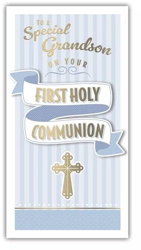 Grandson First Holy Communion Card - Blue White Stripe Gold Foil Cross 8.75x4