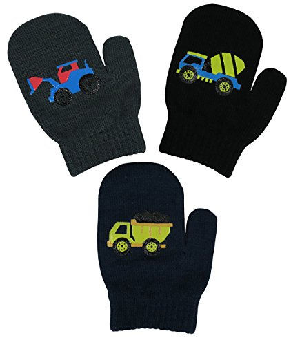 N'Ice Caps Kids Magic Stretch Gloves Mitten 3 Pairs Toddler Boys Girls Winter (2-4 Years, Trucks - Navy/Charcoal/Black Mittens)