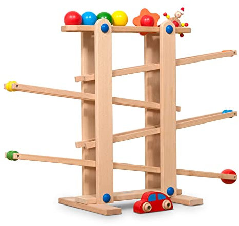 Coemo Kugelbahn Holz 7 Mobile Teile Murmelbahn ab 1 Jahr Motorikspielzeug Lernspielzeug für Babys