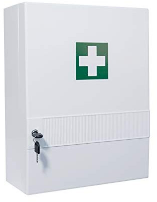 FAP First Aid Products - Erste Hilfe Verbandschrank (leer), Kunststoff Medizinschrank Apothekerschrank mit 10 Fächern (4 herausnehmbar), Sicherheitsschloss – 45 x 34,5 x 16 cm - zum Aufhängen