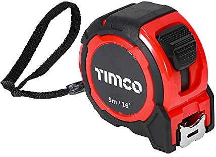 TIMCO Cinta métrica de 5 m, 5 m x 25 mm, con botón de bloqueo, clip para cinturón y correa de mano, cinta métrica e imperial