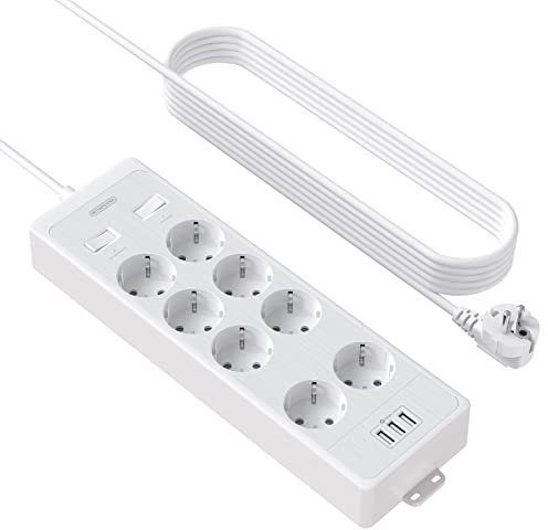 NTONPOWER 3 Meter Steckdosenleiste Überspannungsschutz 4000J, 8 Fach Mehrfachsteckdose Wandmontage mit USB-A, Verlängerungskabel 3M, Weiß