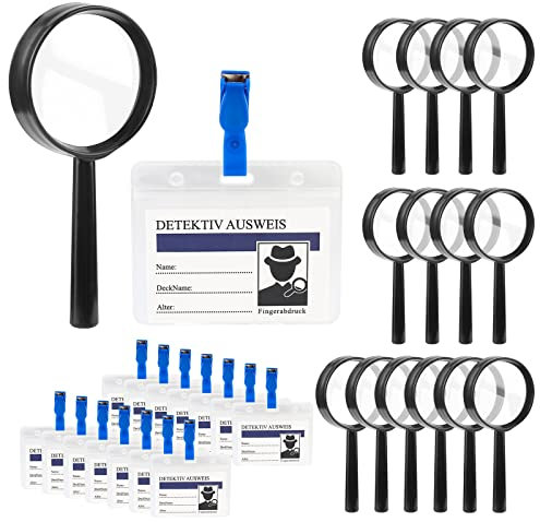 Vegena Detektive Lupe Kinder, 15 x Lupen Spielzeug und 15 x Detektivausweis Ausweise mit Clip, Mini Kunststoff Handlupe und DetektivAbzeichen, Detektiv-Rollenspiel-Zubehör, Kindergeburtstag Mitgebsel
