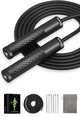 BURNCALO Corde à sauter lestée pour le fitness, corde à sauter pour homme et femme, poignées lourdes en métal, roulements à billes, cordon en PVC de longueur réglable et corde en coton, entraînement