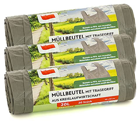 Sacchetto della spazzatura con maniglia, grigio, 95% materiale riciclato (grigio 20 l, 3 pezzi)