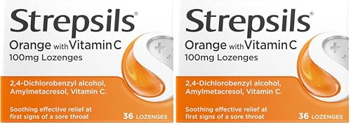 Strepsils Orange and Vitamin C Lozenges for Sore Throat and Cough Relief, 36 Lozenges (Pack of 2)