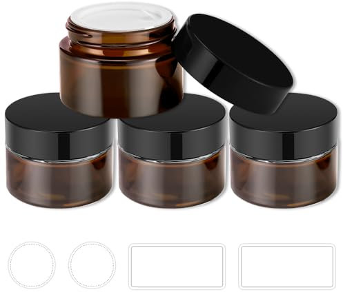 1 oz Glass Jars with Lids, 4 Pack Small Amber Glass Jars with Black Lids