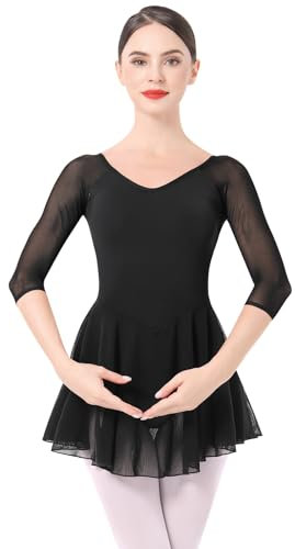 Odizli Ballettkleidung Damen 3/4 Ärmel U Rücken Ballett Trikot Body Bodysuit Tanzbody Tanztrikot Turnanzug Ballerina Gymnastikanzug Chiffon Tütü Ballettrock Ballettkleid Schwarz M