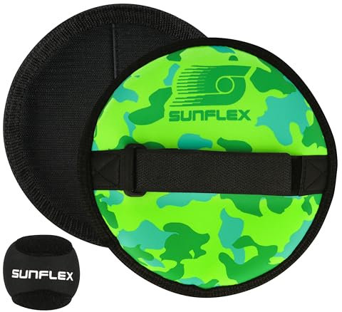 Sunflex® Neopren Sure Catch Set Camo Green mit Zwei Schlägern und einem Ball in schwarz | Klettballspiel weich und leicht | extrem robust und langlebig