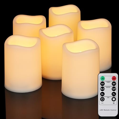 FREEPOWER 6pcs Waterproof LED Candles Outdoor with Timer Remote Control Flickering Flameless Pillar Candles Battery Operated Warm White, Diameter 7.5 x 10 cm