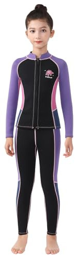 SXSHUN Kinder Jungen Mädchen Neoprenanzug 2.5mm Neopren Zweiteiliger Tauchanzug Thermal Neoprenanzüge UV-Schutz Badeanzug Langarm Oberteile+Hose, Schwarz+Lila, 8/7-8 Jahre/128-135CM/25-30KG