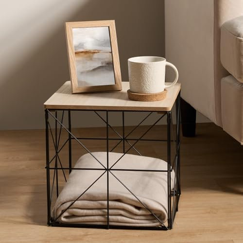 OHS Storage Side Table Basket, Wooden Coffee Table Decorative Basket for Storing Books Blankets Accessories Living Room Home Decor Cube Coffee Table - 29 x 29 x 29cm