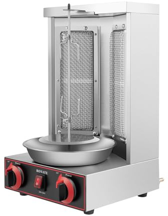 Dönerggrill gas Kebab maskin 3 000 W, 360° roterbar 2 brännare gas shish kebabgrill, rostfritt stål Shawarma Broiler Machine med övre bricka halkfria fötter gasanslutning strömkabel gasspismaskin