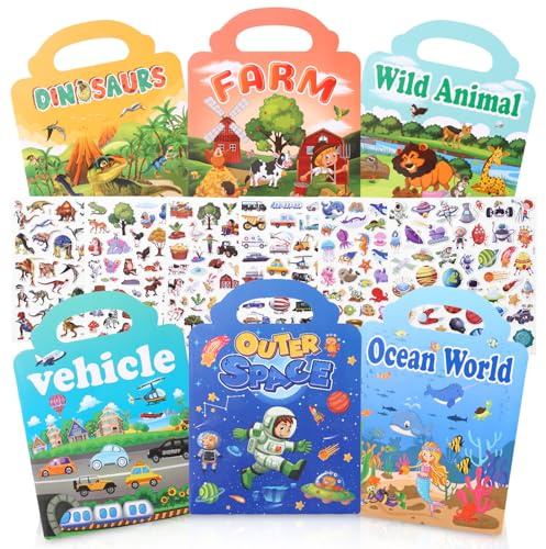 Lot de 6 livres d'autocollants réutilisables pour enfants, livre d'autocollants 3D pour enfants, livre d'autocollants portable pour 2-4 ans, autocollants Puffy : dinosaure, animaux, monde sous-marin
