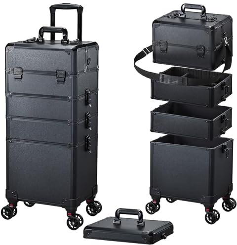 Valise de Maquillage Professionnelle - Mallette à Ongles et Coiffure, Structure Renforcée, 5 en 1 avec roulettes 360°, Serrure et Poignée Téléscopique, Idéale pour Rangement Professionnel,Noire