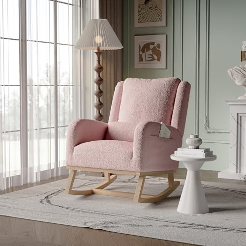 LONELYO Fauteuil à Bascule Teddy Rose pour Salon Confortable Rocking Chair Fauteuil scandinave Chaise à Bascule d’Allaitement