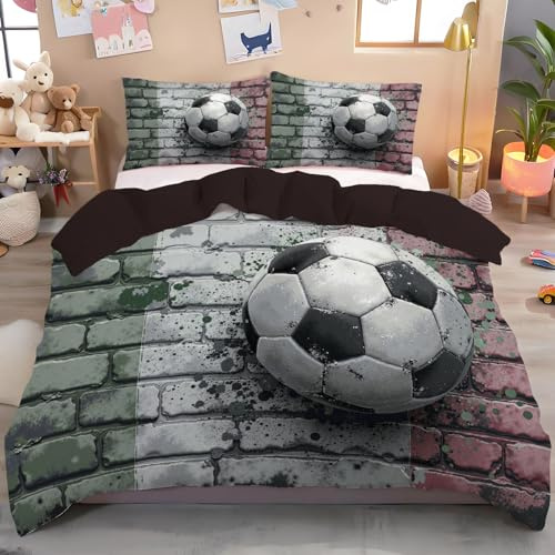 Parure De Pour Lit 90X190 Cm Enfant Ballon De Football Rayé Rouge Vert Housse De Couette 1 Personne Imprimée Des Sports Housses De Couettes Microfibre 1 Housse Couette 140X200Cm Et Taie D’Oreiller