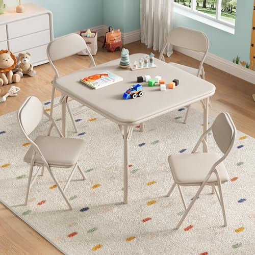 Aptliton 5-Piece Kids Folding Table and Chairs Set, Beige | Children's Upholstered Square Card Table & Soft Cushion Chairs, Toddler Activity Furniture, Metal Frame, for Daycare Playtime