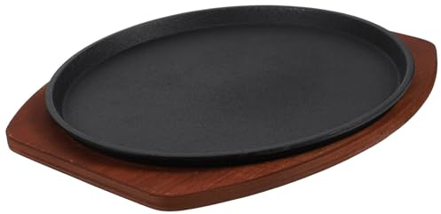 Toyvian Sartén para Bistec de Hierro Fundido de 25 Cm Base de Madera, Bandeja para Servir Caliente, Plancha para Parrilla y Barbacoa, Adecuado para Cocina y Uso en Estufa de Inducción