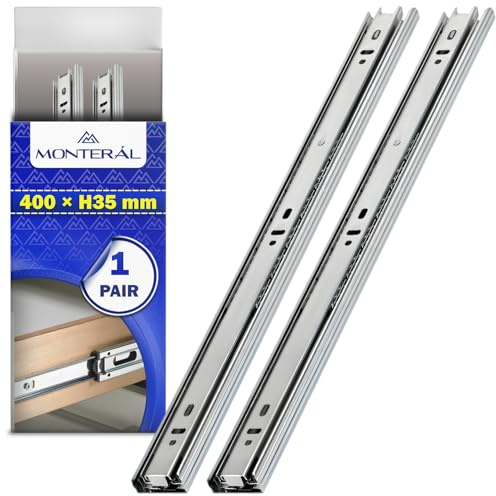 1 Par Guias Correderas para Cajones con Rodamientos de Bolas 400 mm x H 35 mm - Rieles para Cajones Telescopicas de Extensión Total - Garantía de 10 Años - MONTERAL