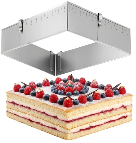 ICARE Cornice da Forno Rettangolare Regolabile 8 cm – Stampo in Acciaio Inox con Foglio di Mousse – per Torte a Strati, Dolci e Dessert – Anello per Torte Quadrato smontabile