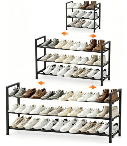 Anhow Extendable Shoe Rack, 3 Tier Adjustable Shoe Storage, 44 to 109 cm, Black Metal Free Standing Shoe Rack, Space Saving for Wardrobe, Closet, Bedroom, Hallway, Entryway