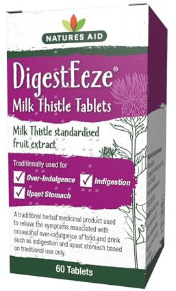 Natures Aid DigestEeze Milk Thistle 60 Tablets – Supports Liver & Digestive Health – High Strength Silymarin – Vegan, Non-GMO, Gluten-Free – Traditional Herbal Remedy for Indigestion Relief