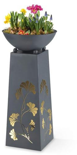 Hoberg LED Pflanzsäule Ginkgoblätter-Design in Beton-Optik | Abnehmbare Pflanzschale (Ø 34cm) In- und Outdoor geeignet | Integrierte Beleuchtung, 6h Timer, kabellos [23 x 23 x 70 cm]